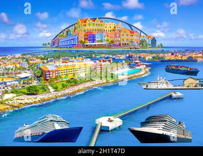 Collage with aerial panorama of Willemstad town in Curacao - The island Curacao is a tropical paradise in the Antilles in the Caribbean sea with beaut Stock Photo