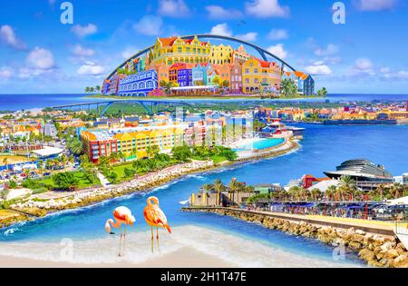 Collage with aerial panorama of Willemstad town in Curacao - The island Curacao is a tropical paradise in the Antilles in the Caribbean sea with beaut Stock Photo