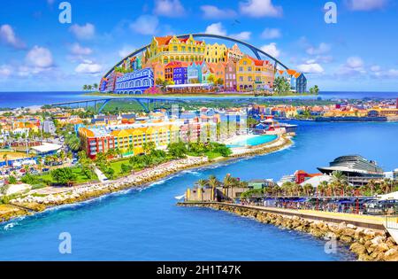 Collage with aerial panorama of Willemstad town in Curacao - The island Curacao is a tropical paradise in the Antilles in the Caribbean sea with beaut Stock Photo