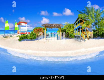 Half Moon Cay - small Caribbean island at Bahamas. Blue water and white sand. Collage Stock Photo