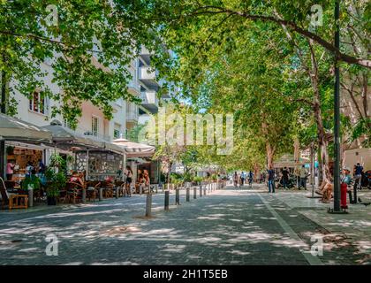 The start of Dionysiou Areopagitou St near Amalias Ave. It is a pedestrian street round the south slope of the Acropolis in the Makrygianni district. Stock Photo