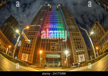 Tokyo Metropolitan Government (Olympic and Paralympic color light up). Shooting Location: Tokyo metropolitan area Stock Photo