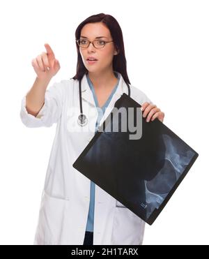 Female Doctor or Nurse with X-Ray Pushing Button or Pointing with Room For Your Own Button or Text Isolated on White. Stock Photo
