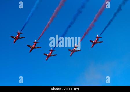 Helsinki, Finland - 9 June 2017: Red Arrows (The Royal Air Force Aerobatic Team) flying  aerobatics at the Kaivopuisto Air Show in Helsinki, Finland o