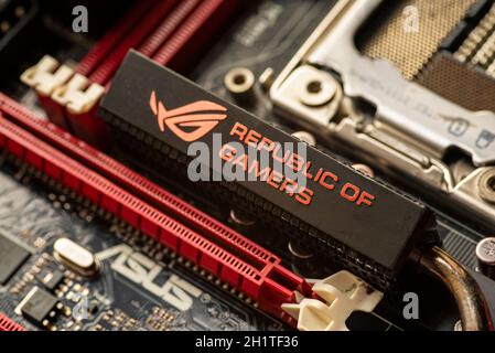 LOS ANGELES, USA 25 APRIL 2021: Republic of gamers logo inside a motherboard in a gaming pc Stock Photo