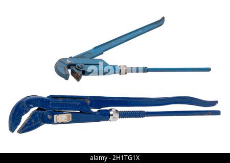 Plumbers tool isolated. Close-up of two adjustable blue pipe spanners, spanners, pliers or plumbers tools isolated on a white background. Macro. Stock Photo