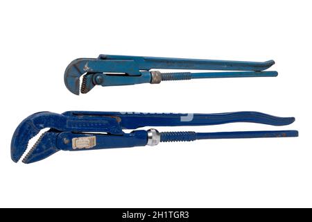 Plumbers tool isolated. Close-up of two adjustable blue pipe spanners, spanners, pliers or plumbers tools isolated on a white background. Macro. Stock Photo