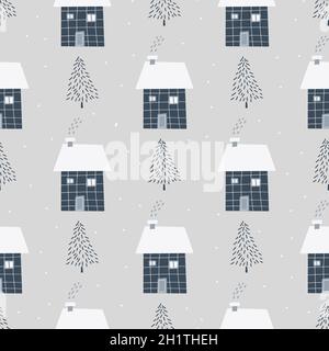 Christmas and New Year symbols with winter house and Christmas trees scandinavian hand drawn seamless pattern. Vector cute print. Digital paper. Desig Stock Vector