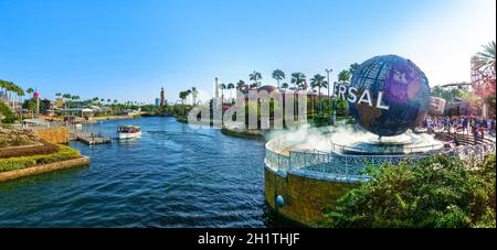 Orlando, USA - May 8, 2018: The panorama of Universal City Walk near the entrance of the Universal Studios theme park with large rotating Universal lo Stock Photo