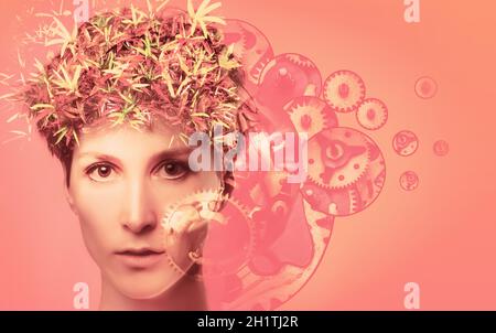 Thinking woman with gear mechanisms on her head. The education, idea or technology concept. Vector Illustration Stock Photo