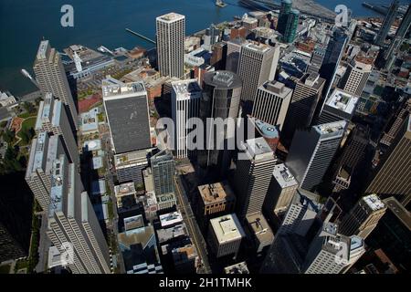 Aerial looking down onto Sacramento St, and California St, downtown San Francisco, California, USA. Stock Photo