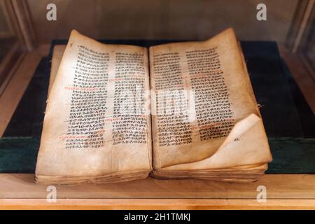very old and Ancient holy Bible in Amharic language in the UNESCO monastery Ura Kidane Mehret, Zeghe peninsula, near Bahir Dar, Amhara Region, Ethiopi Stock Photo