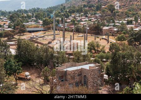 Aksumite civilization ruins, Ancient monolith stone obelisks behind ...