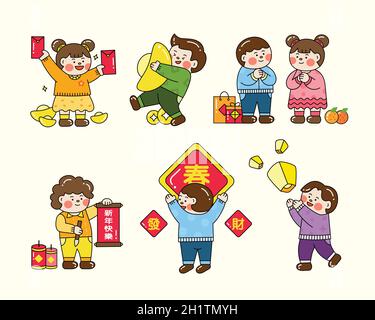 Asian people celebrating CNY. Asians having fun on Spring Festivals, including people showing off or attaching their couplets written Happy New Year, Stock Vector