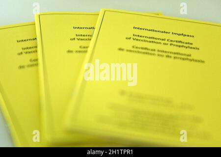 Gelber internationaler Impfpass in Österreich - Yellow international vaccination certificate in Austria Stock Photo