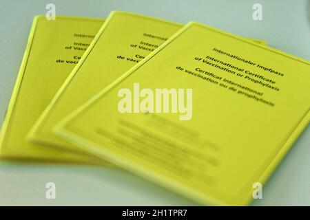 Gelber internationaler Impfpass in Österreich - Yellow international vaccination certificate in Austria Stock Photo