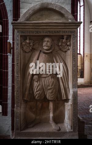 TANGERMUENDE, GERMANY - APRIL 24, 2021: Monument to Burgomaster Petrus Guntz (died 1598) at St. Stephen Church. The historic town of Tangermuende. Sax Stock Photo