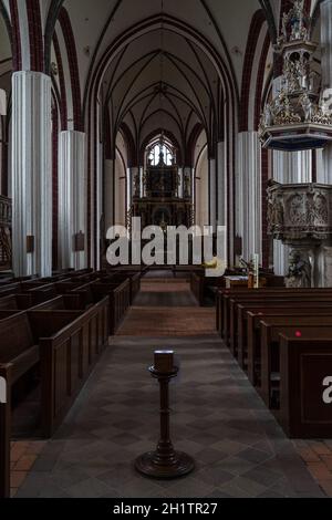 TANGERMUENDE, GERMANY - APRIL 24, 2021: Interior of St. Stephen's Church. The historic town of Tangermuende. Saxony-Anhalt state.