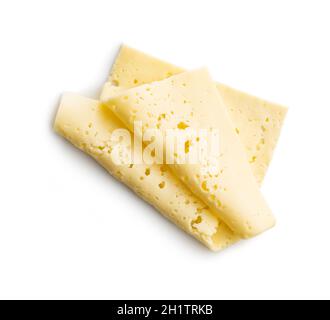 Sliced hard cheese isolated on white background. Stock Photo
