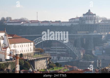 View from Miradouro da Vitoria to Bridge Dom Luis I – Ponte Dom Luis I - and Monastery of Serra do Pilar – Mosteiro da Serra do Pilar - Porto Stock Photo