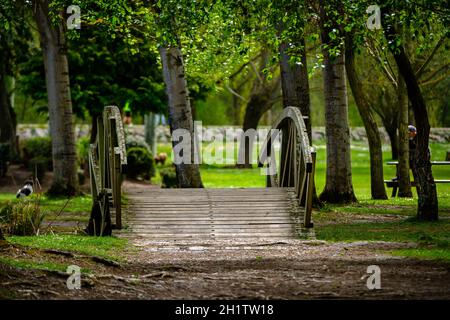 Candamia park wooden bridge, city of Leon Spain, garden sports and