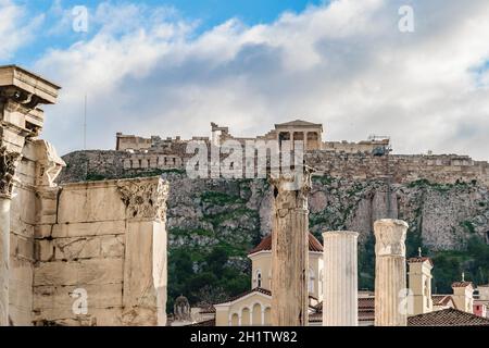 Exterior view of emperor adrian library ruins and acropolis, athens, greece Stock Photo