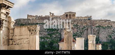 Exterior view of emperor adrian library ruins and acropolis, athens, greece Stock Photo