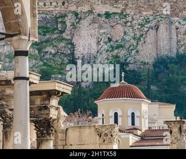 Exterior view of emperor adrian library ruins and acropolis, athens, greece Stock Photo