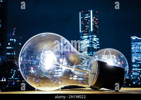 Huge light bulbs and Landmark Tower. Shooting Location: Yokohama-city kanagawa prefecture Stock Photo