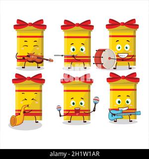 Cartoon character of yellow long gift box playing some musical instruments. Vector illustration Stock Vector