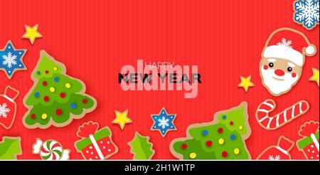 Happy New Year greeting card. Christmas Santa,tree,gift, snowflakes, lollipop, holly. Christmas gingerbread paper cut style. Winter holidays. Red Vect Stock Vector