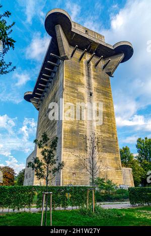 Vienna, Austria  - September 16, 2019:  Flak tower in the Augarten park, errected during the Second world war. Leopoldstadt district, city of Vienna, Stock Photo