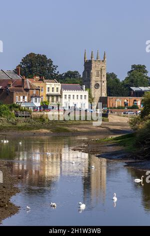 The River Thames at Isleworth at low tide, All Saints Church in the background, the London Apprentice pub on the left and Isleworth Ait on the right. Stock Photo