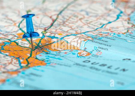 Blue pushpin showing Dublin location on the map. Travel concept.