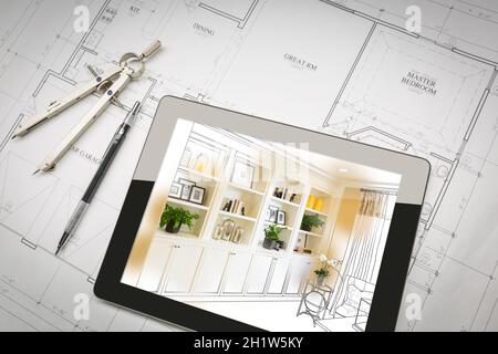 Computer Tablet with Finished Built-in Shelves and Cabinets Over House Plans, Pencil and Compass. Stock Photo