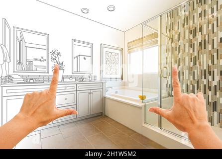 Hands Framing Custom Master Bathroom Drawing and Photo Gradation. Stock Photo