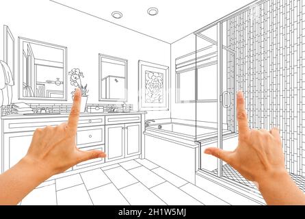 Hands Framing Custom Master Bathroom Drawing. Stock Photo