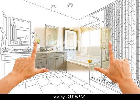 Hands Framing Custom Master Bathroom Photo Section with Drawing Behind. Stock Photo