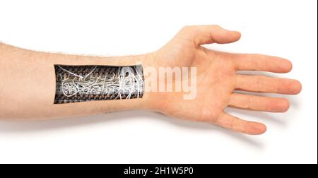 Robot hand inside human hand - Prosthesis concept, isolated on white Stock Photo