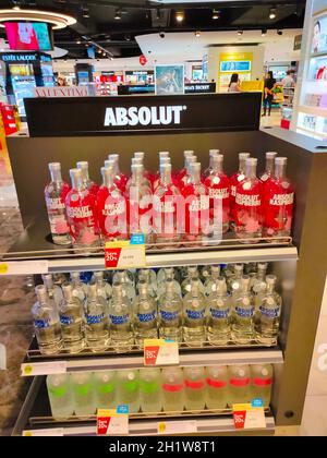 Kyiv, Ukraine - September 15, 2020: Absolu vodka ready for sale on the shelf in superstore. Various bottled alcoholic beverages Stock Photo