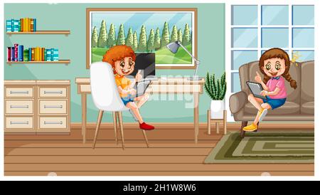 Children learning from home on electronic device illustration Stock Vector