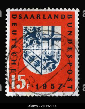 Stamp printed in Saar, Germany, shows Saar Coat of Arms, circa 1957 Stock Photo