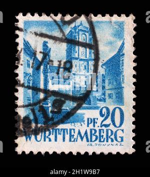 Stamp printed in Germany, French Occupation of Wurttemberg shows City Gate from Wangen, circa 1948 Stock Photo