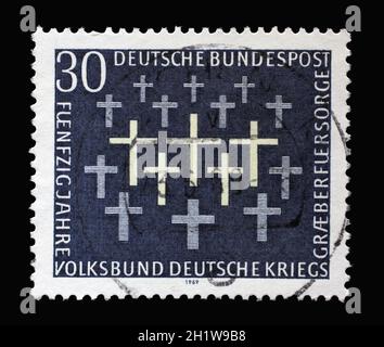 Stamp printed in Germany showing 50th anniversary of the German War Graves Commission, circa 1969 Stock Photo
