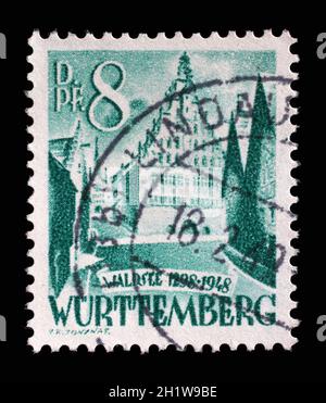 Stamp printed in Germany, French Occupation of Wurttemberg shows Waldsee Townhall, circa 1948 Stock Photo