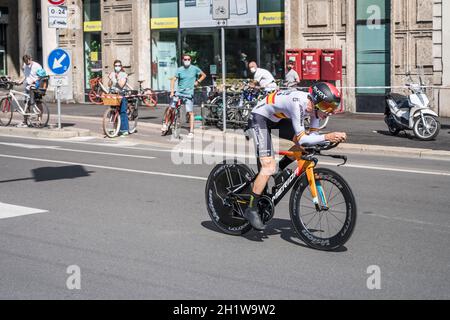 MILAN, ITALY - MAY 30: last stage of Giro 2021, Pello Bilbao Lopez de Armentia  competitor of Bahrain Victorius Team  at high speed during individual Stock Photo