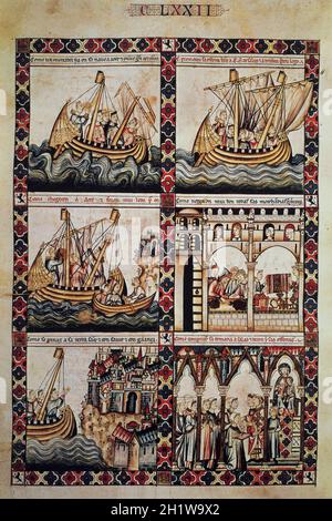 Medieval fabric merchants scene. Cantigas de Santa Maria inspired by Alfonso X of Castile, El Sabio. El Escorial Library Stock Photo