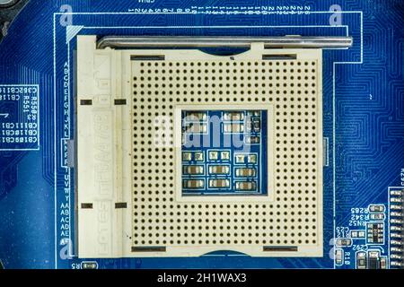 The components of the motherboard. Include chip, ic, cpu socket, heatsink and many port. Stock Photo