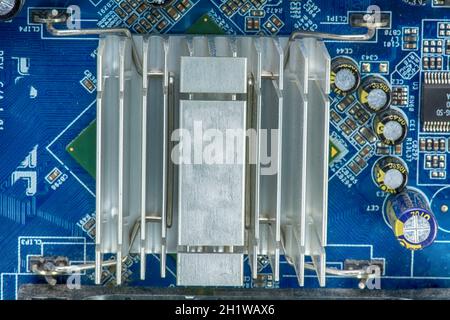 The components of the motherboard. Include chip, ic, cpu socket, heatsink and many port. Stock Photo