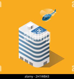 Isometric Building with helicopter landing on top of building. Vector illustration Stock Vector